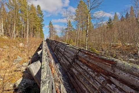 Nellim log flume in spring with clouds in the sky, Nellim, Inari, Lapland, Finland, Europe