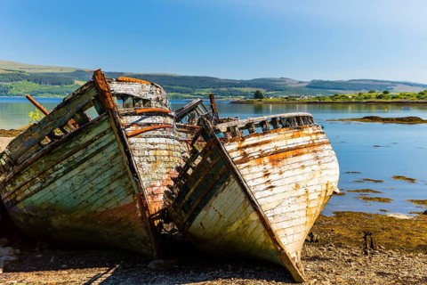 Europe, Scotland, Isle of Mull, ship graveyard near Salen, boat, boats, wreck, rust, rusted, rusty