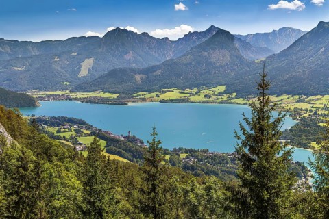 View of Alps mountain with Wolfgangsee lake from Schafberg mountain, Austria, Europe