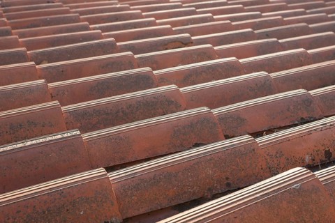 Close up of the red clay roof tiles. Background of old roof