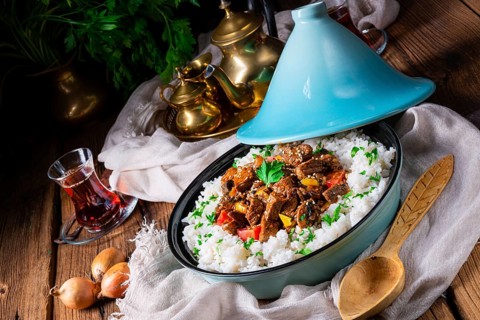 Tajin beef stew with rice, peppers and sesame seeds