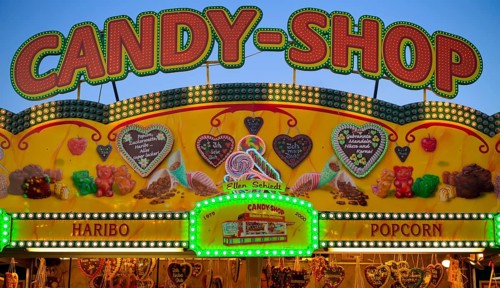 Sales stand, candy shop, confectionery, sweets, advertising, neon lighting, Cannstatter Wasen, folk