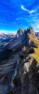 The peaks Sas Rigais and Furchetta of the Geisler group, panoramic photo, drone photo, Val Gardena,