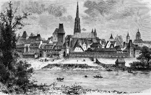 City view across the Danube to Vienna in the 15th century, city wall with battlements and entrance