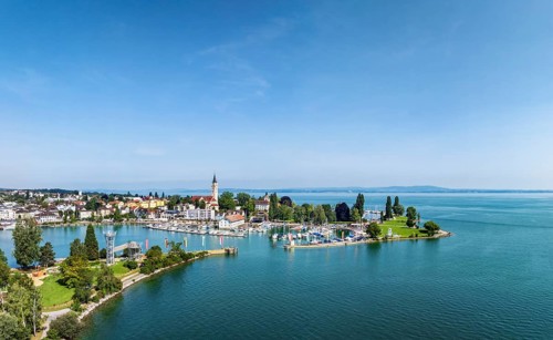 Harbour area, ferry port, yacht harbour, marina of Romanshorn with adventure playground on the