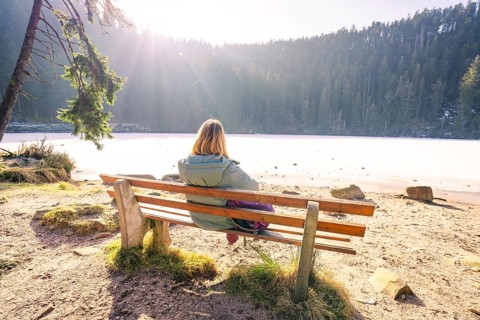 Woman sitting on a bench by a frozen lake, surrounded by a brightly lit, wintry forest,