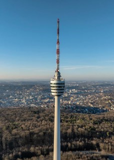 Aerial view of the 216.6 metre high Stuttgart television tower, observation tower, restaurant,