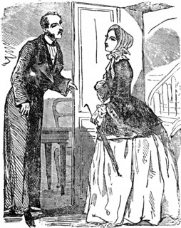 Young woman demands to see the master of the house, servant opens the door with a critical look,