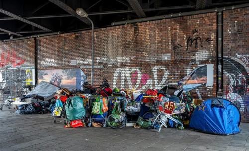 Waste and rubbish collection point, homeless people under the Jannowitzbrücke, Berlin, Germany,