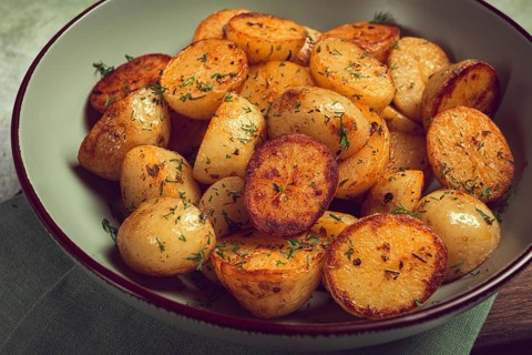 Baked new potatoes, with butter and dill, homemade, no people