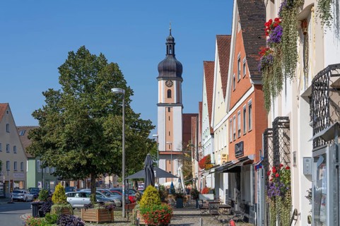 Historic old town houses behind the Church of the Assumption of the Virgin Mary, Allersberg, Middle