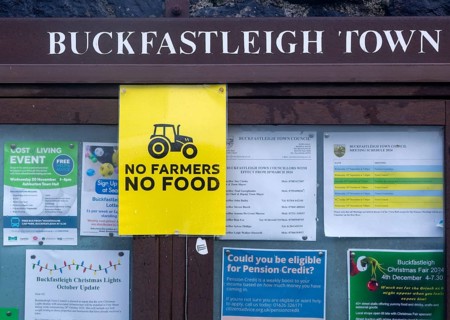 No Farmers No Food protest poster about inheritance tax on farms, Buckfastleigh, north Devon,