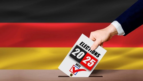 Hand holding ballot in voting ballot box with German flag. Germany presidential elections