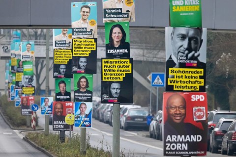 Election posters of the established parties CDU, AfD, Bündnis 90, Die Grünen, SPD and FDP hang on