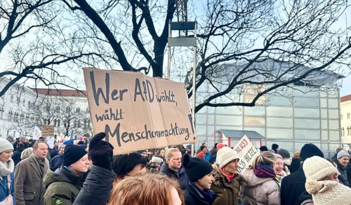 Sign Who votes for AFD, votes for contempt for humanity, Crowd at the demonstration against
