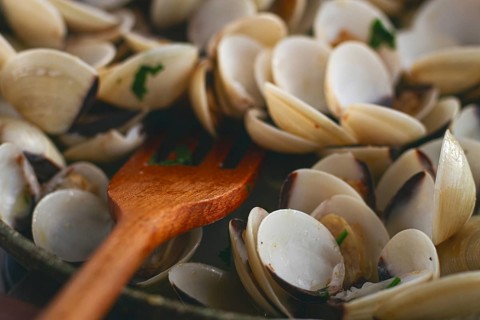 Cooking, vongole clams, in a pan with spices and white wine, top view, no people