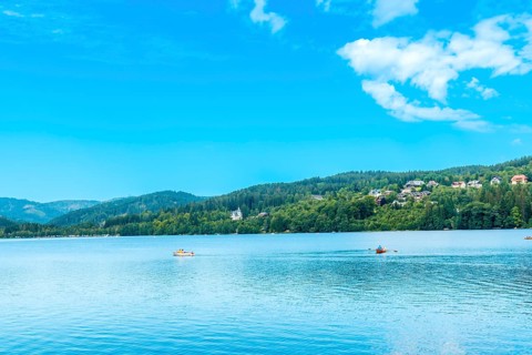Beautiful landscape seen from the boat on Lake Titisee in the Black Forest, Germany, Europe
