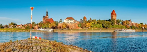 View over the river Elbe to Tangermünde, view of the old town with St Stephen's Church, town wall