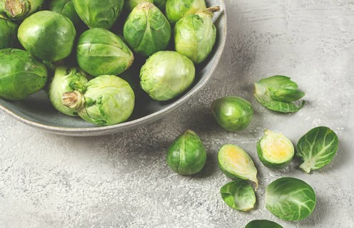 Fresh Brussels sprouts, raw, top view, on a gray table, no people