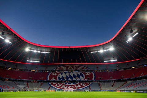 Evening match Allianz Arena, interior, illuminated, logo FC Bayern Munich, blue hour, UEFA