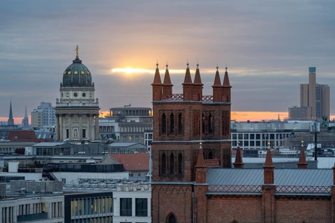 City view, Friedrichswerder Church, behind German Cathedral, view from the roof terrace of the