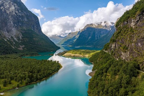 Mountain landscape and lake, Lovatnet, Loen, Norway, Europe
