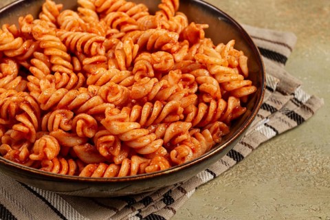 Fusilli pasta dish, made with tomato sauce, homemade, no people