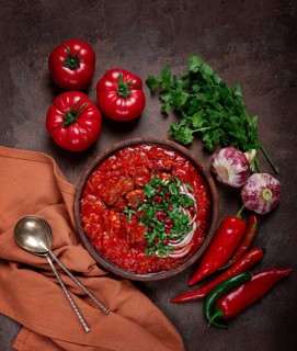 Chashushuli, a traditional Georgian dish, spicy, stewed meat with tomatoes and spices, homemade, no