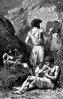 Cave dwellers painting walls and tools, rock cave, stone age, painting, early history of mankind,