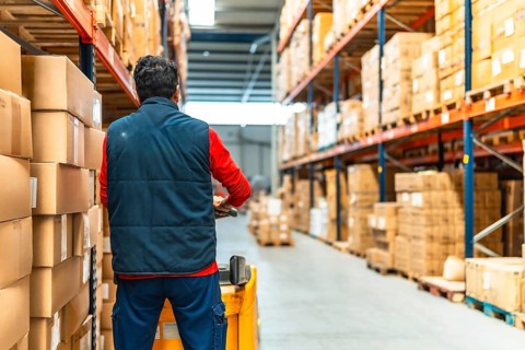 Rear view of a latin worker with machinery in the logistics warehouse
