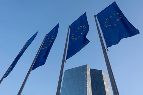 Four European flags fly in front of the headquarters of the European Central Bank in Frankfurt am