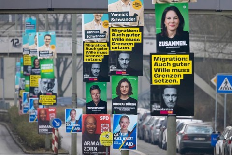 Election posters of the established parties CDU, AfD, Bündnis 90, Die Grünen, SPD and FDP hang on