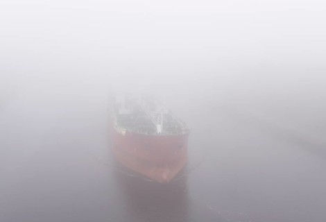 Tanker JAZZ sailing in fog in the Kiel Canal, Kiel Canal, NOK, Schleswig-Holstein, Germany, Europe