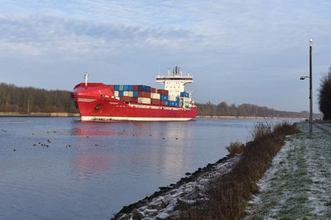 Container ship Frederik sailing in the Kiel Canal, NOK, Kiel Canal, Schleswig-Holstein, Germany,
