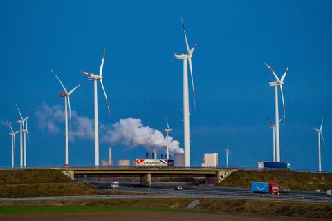 RWE Power Neurath lignite-fired power plant, RWE wind farm, Jackerath motorway junction, A44 and