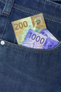 Banknotes in trouser pocket, Swiss franc, Switzerland, Europe