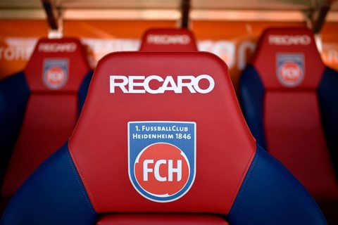 bench, bench, empty, logo, Recaro, seats, Voith-Arena, Heidenheim, Baden-Württemberg, Germany,