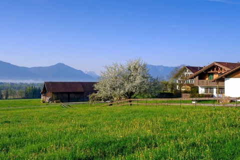 Edenkofen with Benediktbeurer Moor and Alpine chain, Penzberg, Upper Bavaria, Bavaria, Germany,