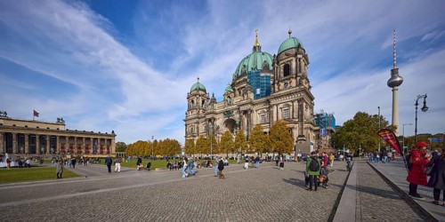 Altes Museum, Berlin Cathedral and television tower blue sky with cumulus and cirrostratus clouds,