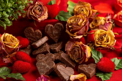 Heart-shaped chocolate and dried roses on a red background, Valentine's Day