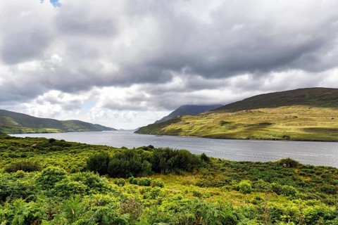 Killary Harbour, fjord, rain clouds, Connemara National Park, Galway, Wild Atlantic Way, Ireland,