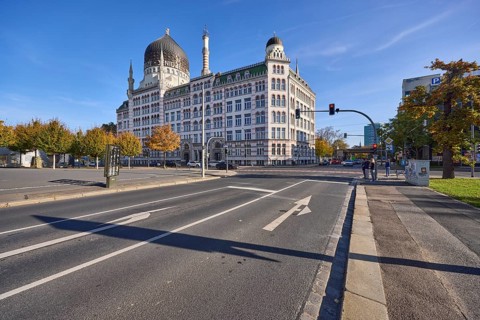 Yenidze tobacco factory, oriental buildings, historical factory, traffic light crossing Magdeburger