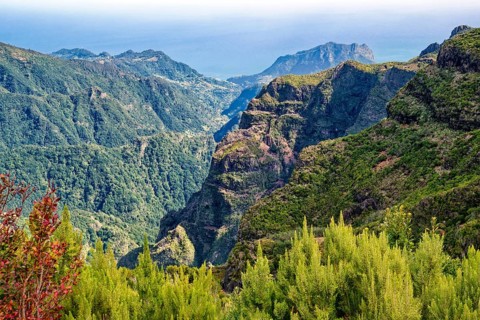 Mountain landscape in the Massif Central, central mountains near Pico do Areeiro, rocks, clouds,