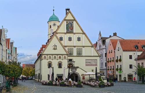 Upper market and historic town hall in the old town centre of Weiden in der Upper Palatinate.
