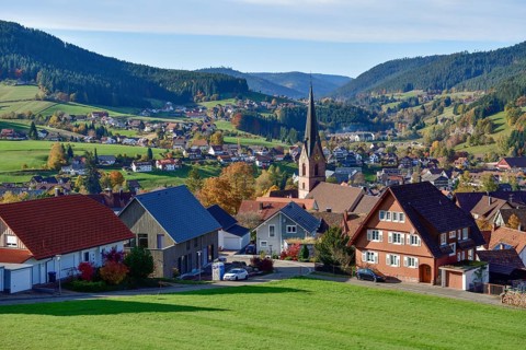 View of Baiersbronn with St. Mary's Church, Freudenstadt district, Black Forest, Baden-Württemberg,
