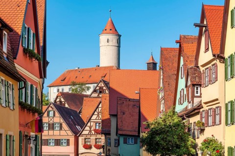 Town houses in the old town centre behind the Green Tower, Romantic Road, Dinkelsbühl, Middle