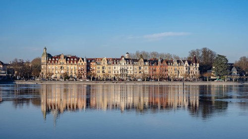 Art Nouveau facades, historic townhouses on Seestrasse with the Seerhein, Constance funnel, Lake
