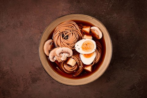 Asian soba soup, with mushrooms and egg, cheese, sesame seeds, homemade, no people