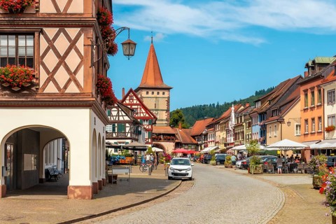Landscape of the Obertorturm tower on Victor-Kretz-Straße in the old town of Gengenbach in the