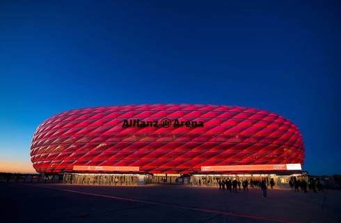 CL, Champions League evening, Allianz Arena, illuminated, overview, blue hour, Munich, Bavaria,